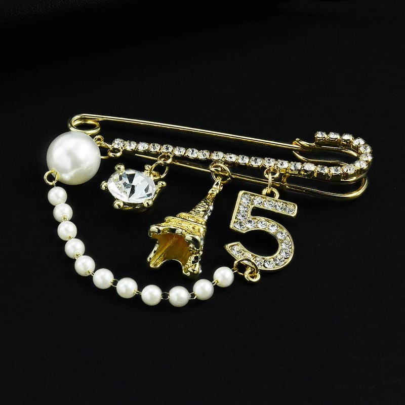 Mamfous Vintage Crown Number 5 Lapel Pins and Brooches for Women Rhinestone Jewelry with Simulated Pearl - Image 4